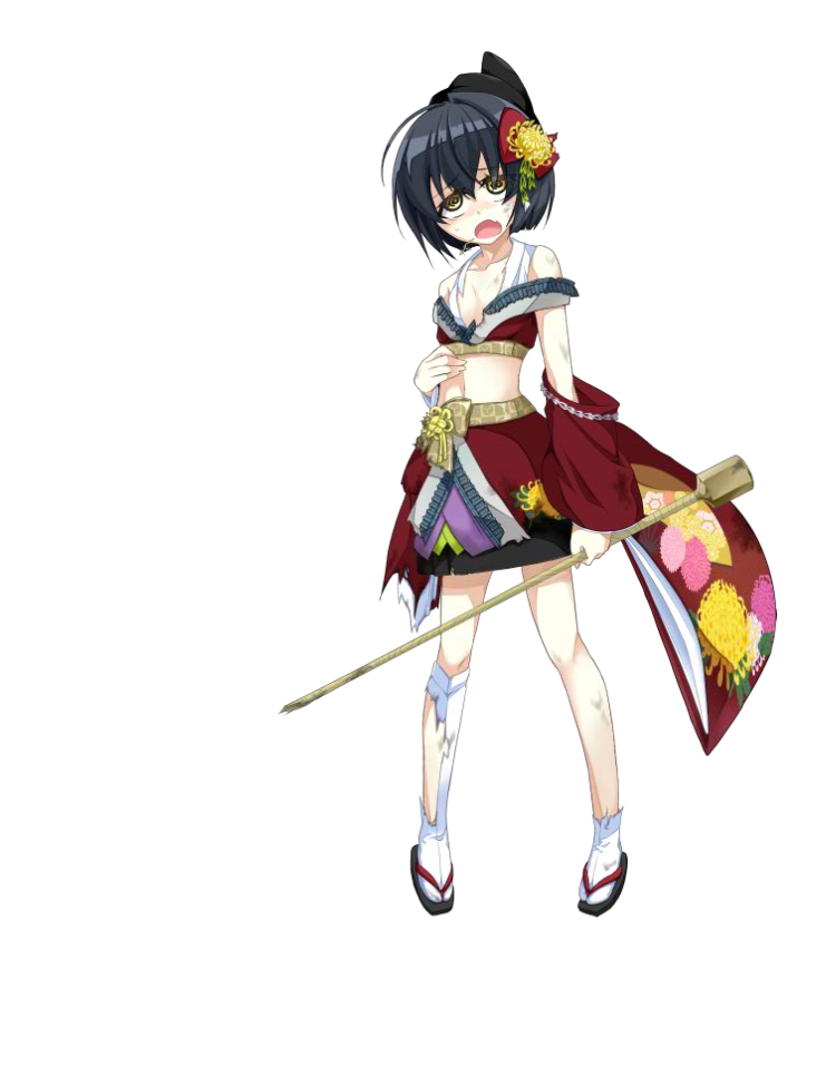 1girl black_hair broken broken_weapon d: full_body hair_ornament hammer hat holding holding_weapon kanzaki_karuna midriff miki_(oshiro_project) navel official_art open_mouth oshiro_project oshiro_project_re short_hair thigh-highs torn_clothes transparent_background weapon yellow_eyes