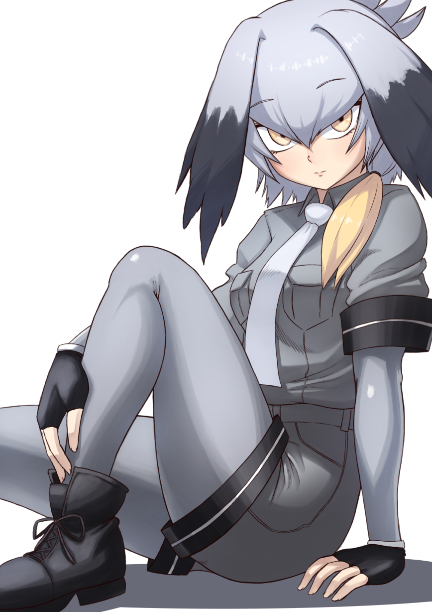 &gt;:| 1girl bangs black_hair breast_pocket commentary eyebrows_visible_through_hair finalcake fingerless_gloves from_side frown gloves grey_hair grey_shirt hair_between_eyes hand_on_own_leg head_wings highres kemono_friends looking_at_viewer multicolored_hair necktie pocket shirt shoebill_(kemono_friends) short_hair short_sleeves sitting translated yellow_eyes