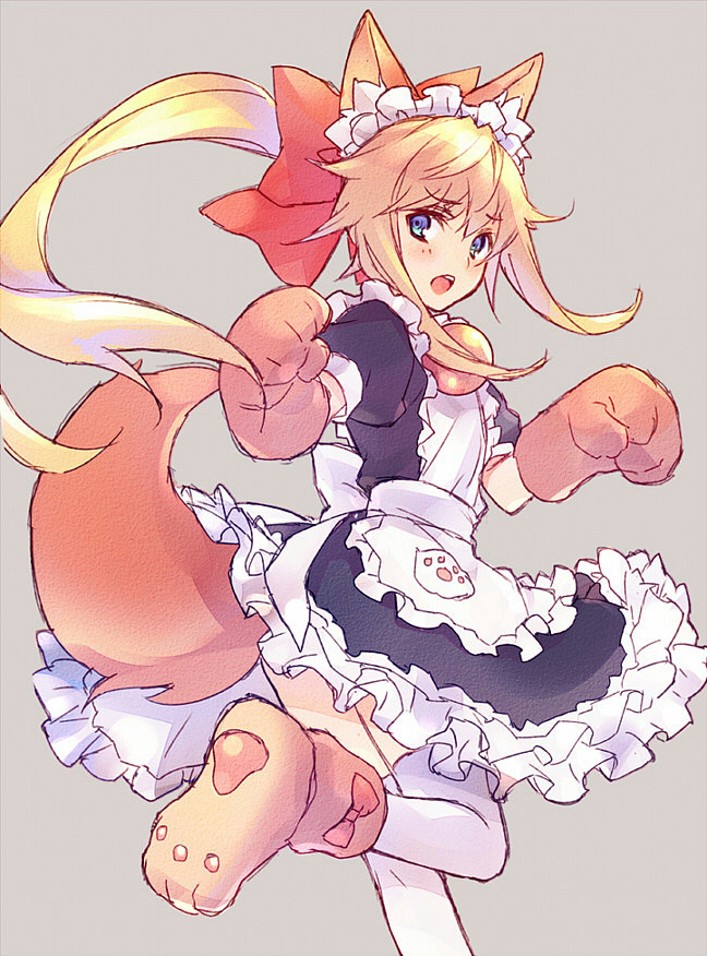 1other androgynous blonde_hair blue_eyes blush cosplay dress fate/grand_order fate_(series) le_chevalier_d'eon_(fate/grand_order) leg_up long_hair looking_at_viewer maid open_mouth paws simple_background smile solo tamamo_(fate)_(all) tamamo_cat_(fate) tamamo_cat_(fate)_(cosplay) thigh-highs wanko_(takohati8) white_legwear