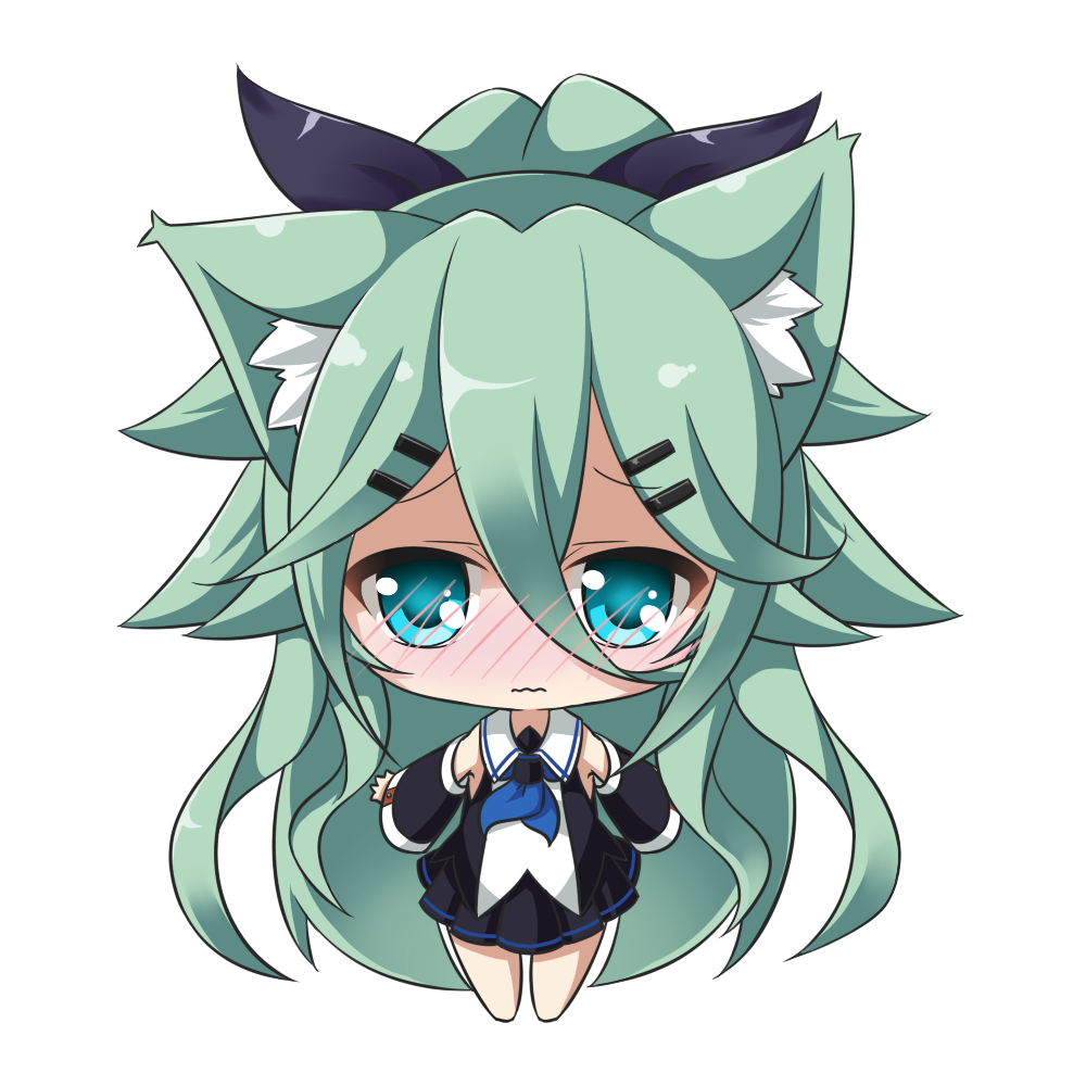 10s 1girl animal_ears aqua_eyes blush cat_ears chibi commentary_request detached_sleeves green_hair hair_between_eyes hair_ornament hair_ribbon hairclip kantai_collection kemonomimi_mode long_hair looking_at_viewer peta_(taleslove596) pleated_skirt ribbon school_uniform serafuku simple_background skirt solo wavy_mouth white_background yamakaze_(kantai_collection)