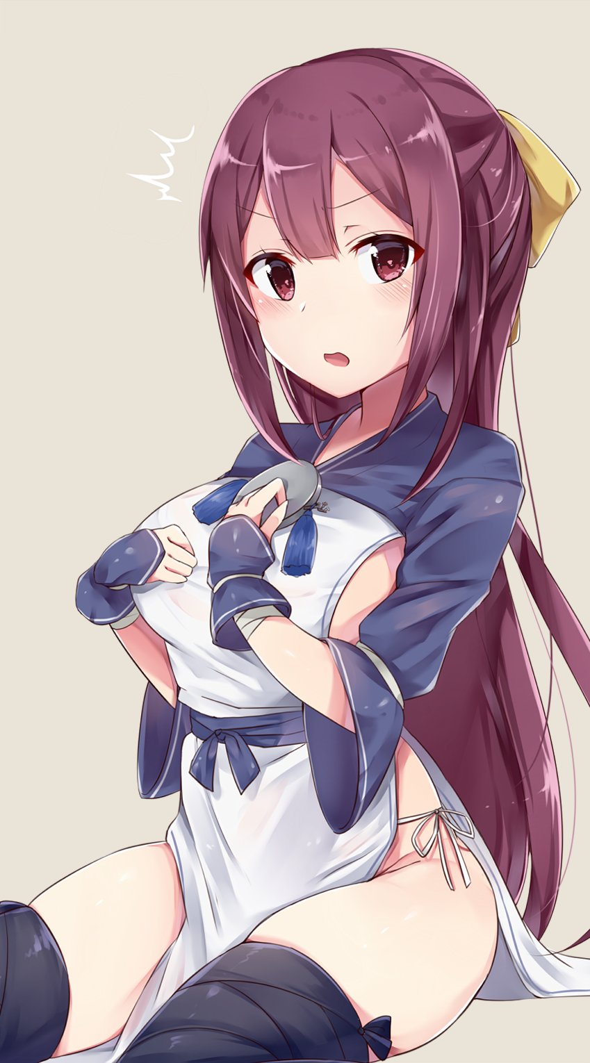 1girl ainu_clothes blush breasts cosplay gradient_hair highres kamikaze_(kantai_collection) kamoi_(kantai_collection) kamoi_(kantai_collection)_(cosplay) kantai_collection long_hair multicolored_hair open_mouth purple_hair revealing_clothes sideboob thigh-highs wrist_guards zhi_zhi/zu_zu