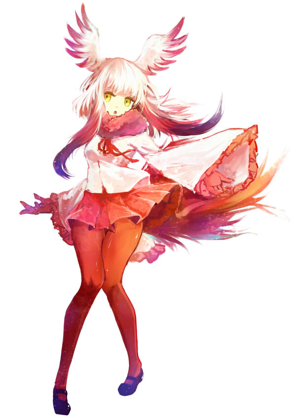 1girl :o arms_at_sides bangs bird_tail black_shoes blunt_bangs breasts collar eyebrows_visible_through_hair eyelashes frilled_sleeves frills full_body fur_collar gloves gradient_hair head_wings japanese_crested_ibis_(kemono_friends) kemono_friends legs_apart long_hair long_sleeves mary_janes miniskirt multicolored_hair neck_ribbon open_mouth pantyhose pleated_skirt red_gloves red_legwear red_ribbon red_skirt redhead ribbon shirt shoes short_hair_with_long_locks sidelocks simple_background skirt small_breasts solo spread_fingers standing tail two-tone_hair white_background white_hair white_shirt wide_sleeves wings yellow_eyes zhong_chai