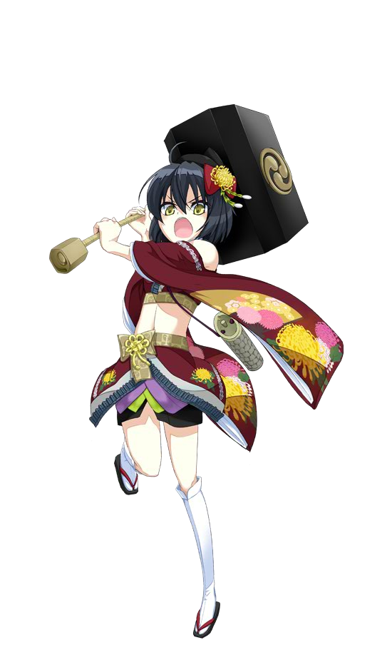 &gt;:d 1girl :d black_hair full_body hair_ornament hammer hat holding holding_weapon kanzaki_karuna midriff miki_(oshiro_project) navel official_art open_mouth oshiro_project oshiro_project_re short_hair smile thigh-highs transparent_background weapon yellow_eyes