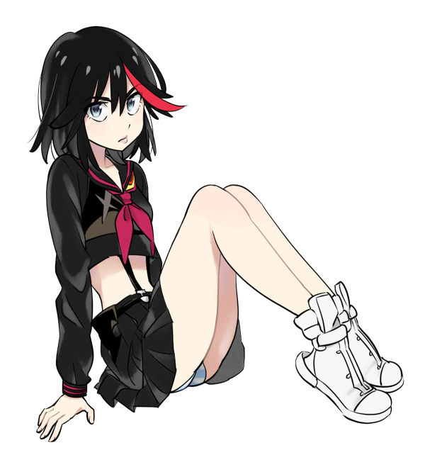 1girl black_hair black_serafuku crop_top kill_la_kill looking_at_viewer matoi_ryuuko o-nashi_neko senketsu serafuku sitting solo streaked_hair tagme transparent_background