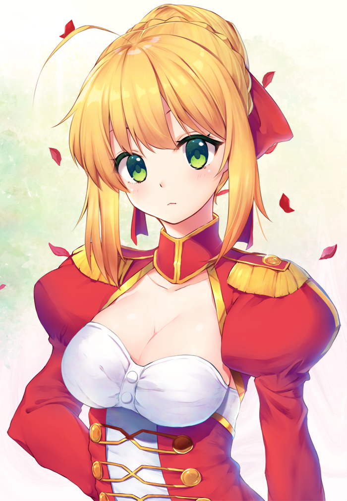 1girl ahoge bangs blonde_hair braid breasts center_opening cleavage closed_mouth collarbone commentary_request dress epaulettes fate/extra fate_(series) french_braid green_eyes juliet_sleeves long_sleeves looking_at_viewer medium_breasts miyanome petals puffy_sleeves red_dress saber_extra sidelocks solo upper_body