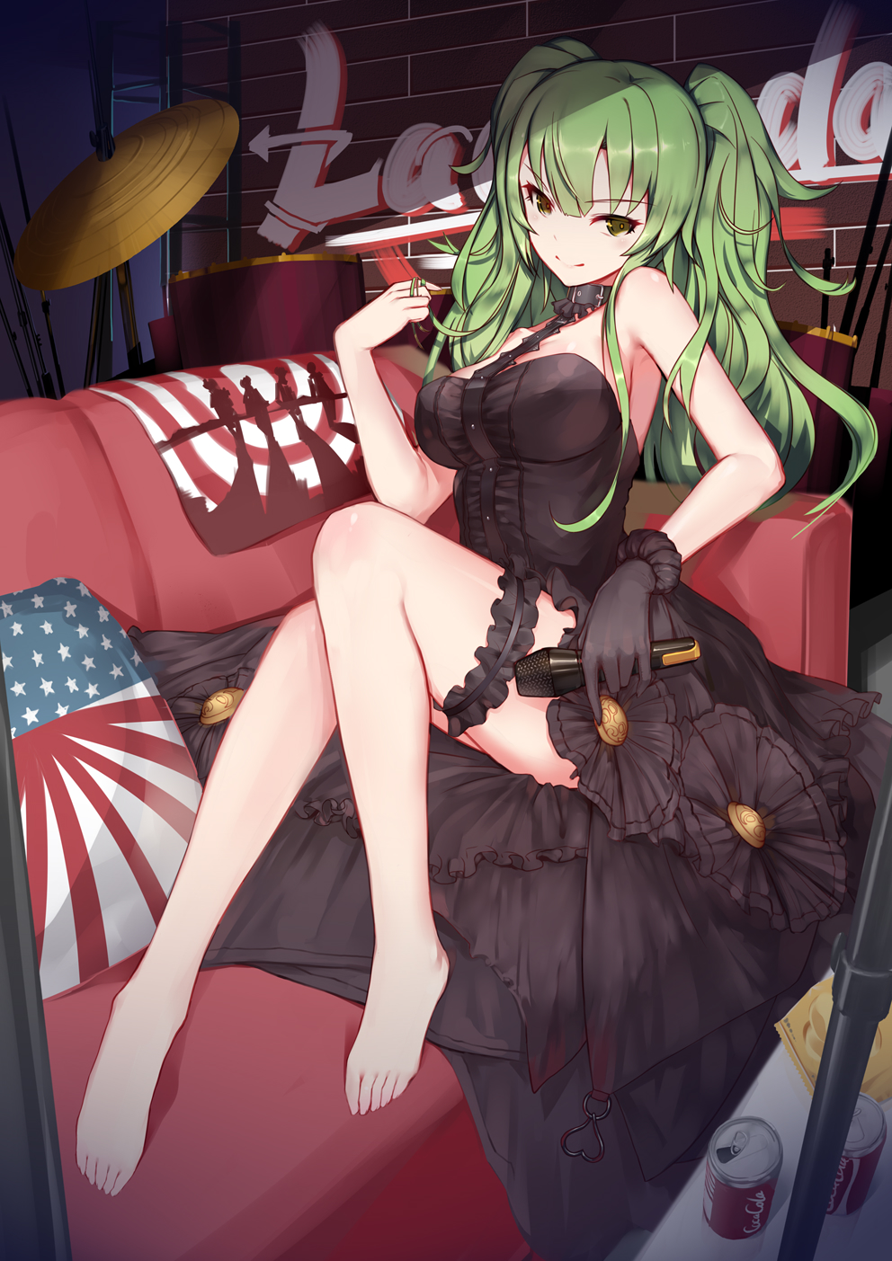 1girl bangs bare_legs bare_shoulders barefoot black_collar black_dress black_gloves breasts brick_wall can closed_mouth collar commentary couch cymbals dress drum drum_set eyebrows_visible_through_hair frilled_dress frills full_body girls_frontline gloves green_hair hand_in_hair highres holding holding_microphone indoors instrument large_breasts liu_lan long_dress long_hair m950a_(girls_frontline) microphone pillow single_glove smile solo star thigh_strap twintails yellow_eyes