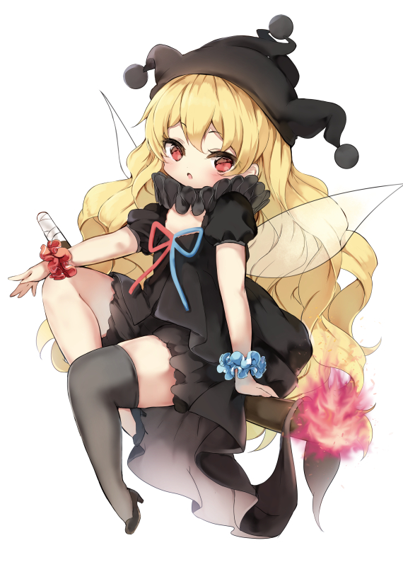 1girl alternate_color black_dress black_legwear black_shoes blonde_hair clownpiece commentary_request dress fairy_wings fire full_body hat high_heels jester_cap long_hair looking_at_viewer neck_ruff piyokichi red_eyes shoes simple_background single_thighhigh solo thigh-highs torch touhou very_long_hair wavy_hair white_background wings wrist_cuffs