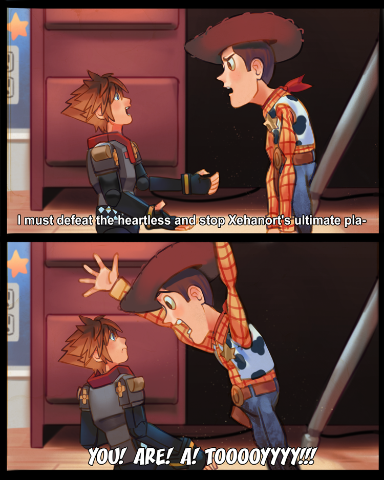 2boys 2koma alternate_form animal_print belt blue_eyes brown_eyes brown_hair comic cow_print cowboy_hat desk electric_socket eye_contact fingerless_gloves gloves hat kingdom_hearts kingdom_hearts_iii looking_at_another multiple_boys open_mouth outstretched_arms pixar scarf sheriff_badge sheriff_woody shouting sora_(kingdom_hearts) spiky_hair subtitled toy toy_story uzucake vest