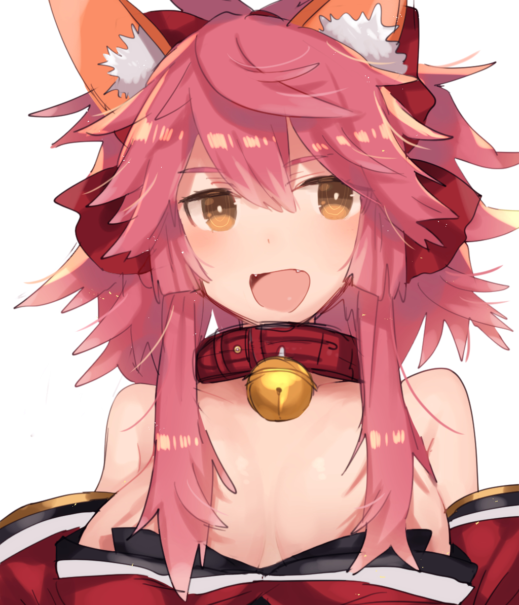 1girl animal_ears bad_id bad_pixiv_id bell bell_collar breasts cleavage collar fangs fate/grand_order fate_(series) fox_ears hair_ribbon large_breasts long_hair looking_at_viewer open_mouth pink_hair ribbon simple_background solo tamamo_(fate)_(all) tamamo_cat_(fate) white_background yata_(15527023) yellow_eyes