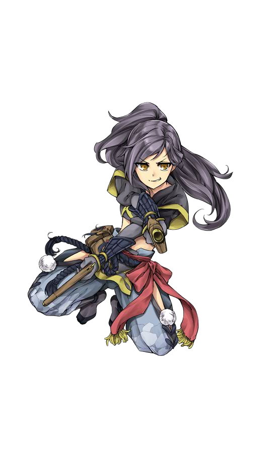 1girl antique_firearm ayasugi_tsubaki fingerless_gloves firearm full_body gloves gun holding holding_gun holding_weapon long_hair official_art oshiro_project oshiro_project_re ponytail purple_hair saika_(oshiro_project) transparent_background weapon yellow_eyes