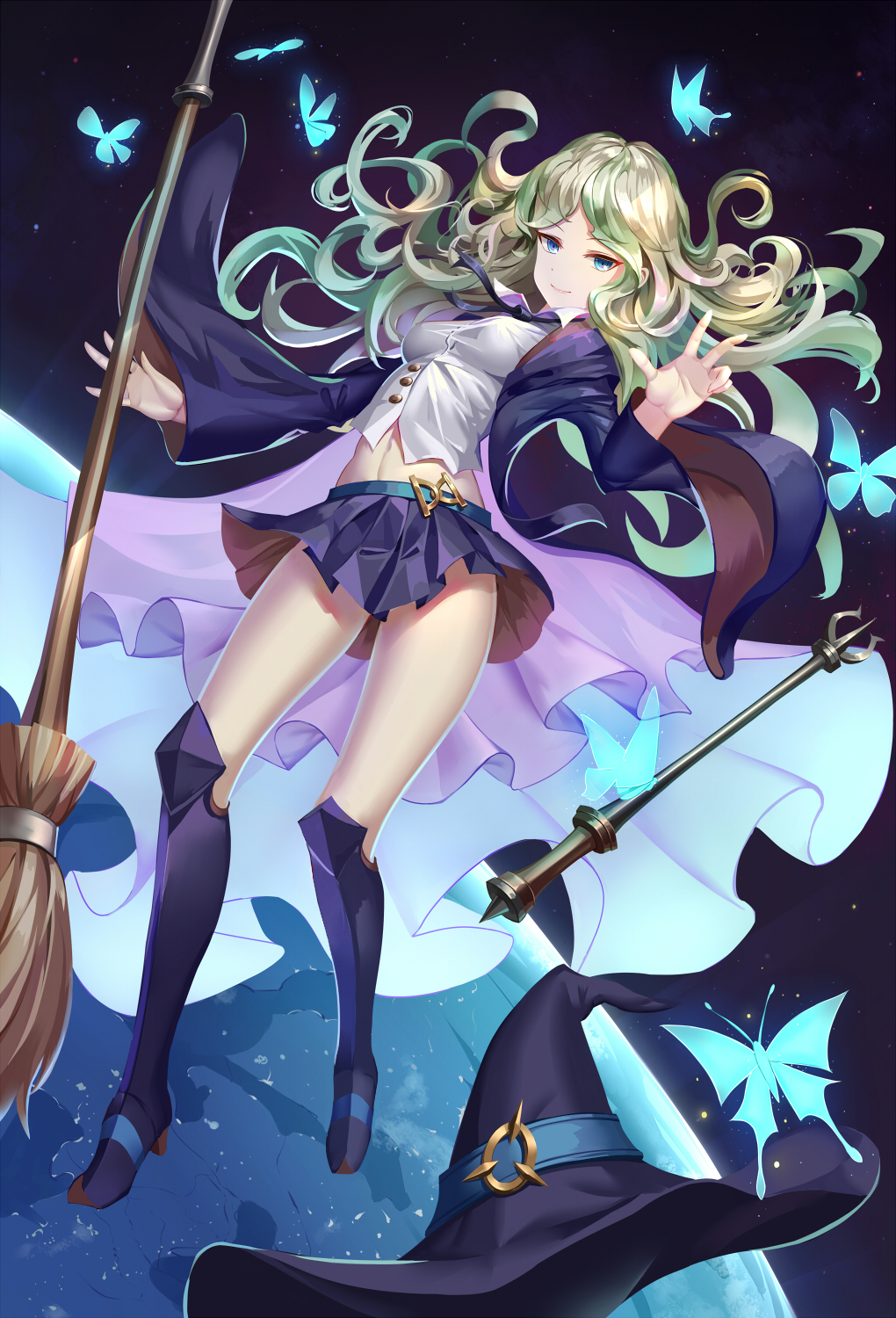 1girl aaeru blonde_hair blue_eyes breasts broom diana_cavendish full_body hat highres little_witch_academia long_hair looking_at_viewer navel school_uniform smile solo witch witch_hat
