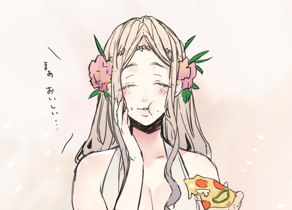 1girl :t bare_shoulders blonde_hair blush breasts cleavage closed_eyes earrings facing_viewer flower food hair_flower hair_ornament hand_on_own_cheek holding holding_food holding_pizza jewelry long_hair pizza solo sumeragi_kohaku upper_body