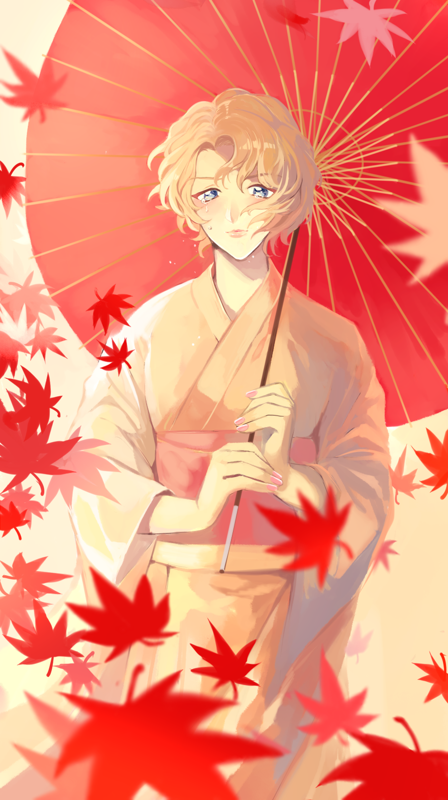 1girl autumn_leaves blue_eyes highres japanese_clothes kimono light_brown_hair looking_at_viewer meitantei_conan mizuno_(iori-amu) nail_polish ooka_momiji over_shoulder parasol pink_nails solo standing tears umbrella