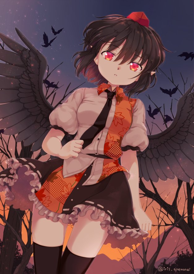 1girl bangs bird_wings black_hair black_legwear black_necktie black_skirt black_wings buttons collared_shirt crown dress_shirt eyebrows_visible_through_hair feathered_wings hat iris_anemone leaf_print looking_at_viewer miniskirt necktie outdoors pointy_ears puffy_short_sleeves puffy_sleeves red_eyes ribbon-trimmed_skirt ribbon_trim shameimaru_aya shirt short_hair short_sleeves skirt solo standing tokin_hat touhou tree twilight twitter_username white_shirt wing_collar wings