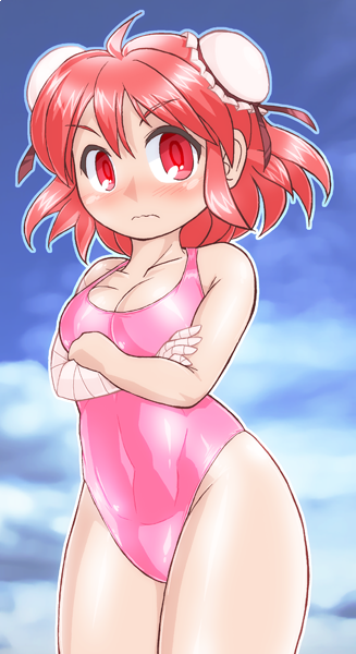 1girl bandage bandaged_arm breasts bun_cover cleavage cowboy_shot crossed_arms double_bun hair_bun ibaraki_kasen looking_at_viewer one-piece_swimsuit pink_hair pink_swimsuit red_eyes short_hair solo swimsuit touhou wavy_mouth winn