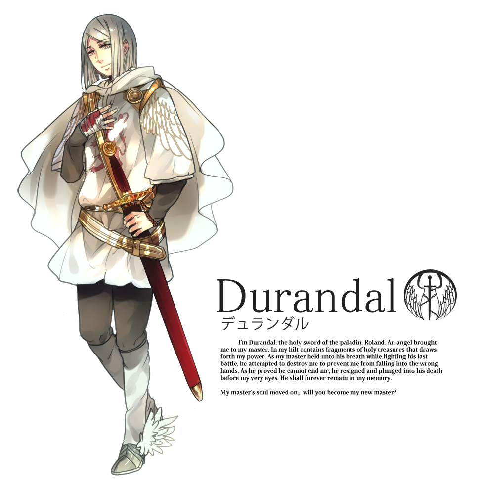 1boy bandage bandaged_hands belt bob_cut boots cape character_name crest durandal english full_body grey_eyes knight male_focus original personification rosel-d short_hair sigil silver_hair simple_background smile solo sword touken_ranbu weapon white_background