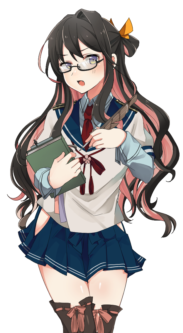 &gt;:o 1girl :o bespectacled black-framed_eyewear black_hair blush book boots bow commentary_request cosplay cowboy_shot fang feathers glasses hair_bow hair_bun kantai_collection long_hair long_sleeves looking_at_viewer multicolored_hair naganami_(kantai_collection) necktie ooyodo_(kantai_collection) ooyodo_(kantai_collection)_(cosplay) pink_hair rinto_(rint_rnt) semi-rimless_glasses simple_background solo thigh-highs thigh_boots two-tone_hair under-rim_glasses violet_eyes white_background