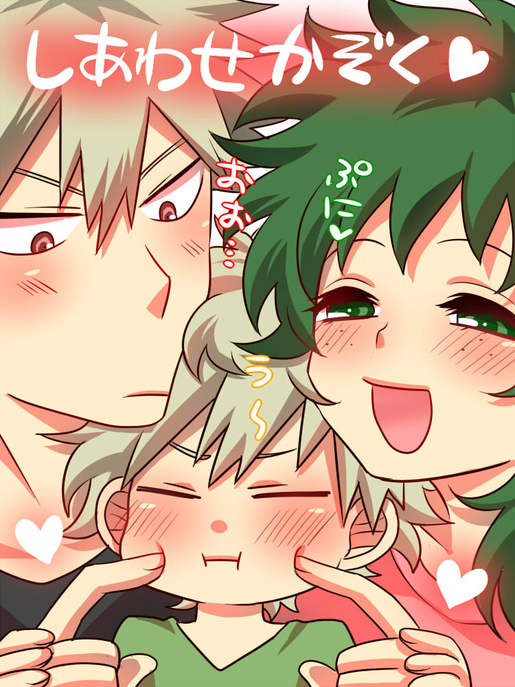 bakugou_katsuki boku_no_hero_academia cheek_poking family genderswap genderswap_(mtf) green_eyes green_hair if_they_mated long_hair midoriya_izuku poking smile translated yukamarco