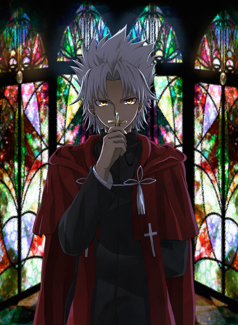 1boy cassock cross cross_necklace dark_skin fate/apocrypha fate_(series) holding_cross jewelry kotomine_shirou male_focus necklace priest solo stained_glass white_hair yellow_eyes yoi_(207342)
