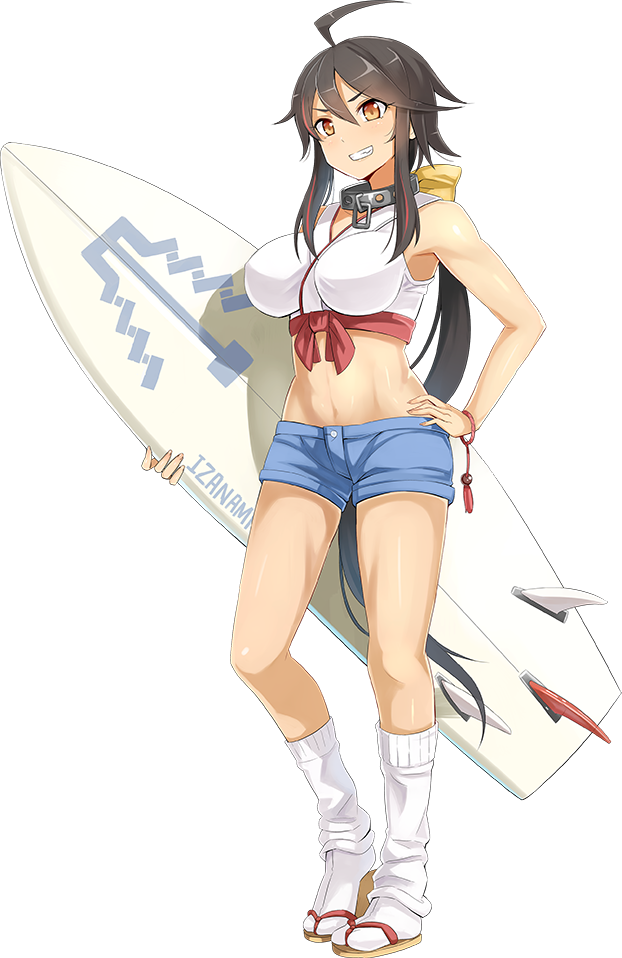 1girl ahoge bare_shoulders black_hair breasts cleavage emerane full_body grin hair_ribbon hand_on_hip holding_surfboard large_breasts long_hair loose_socks low-tied_long_hair multicolored_hair official_art onigajo_(oshiro_project) orange_eyes oshiro_project oshiro_project_re redhead ribbon short_shorts shorts sleeveless smile socks solo standing surfboard transparent_background very_long_hair
