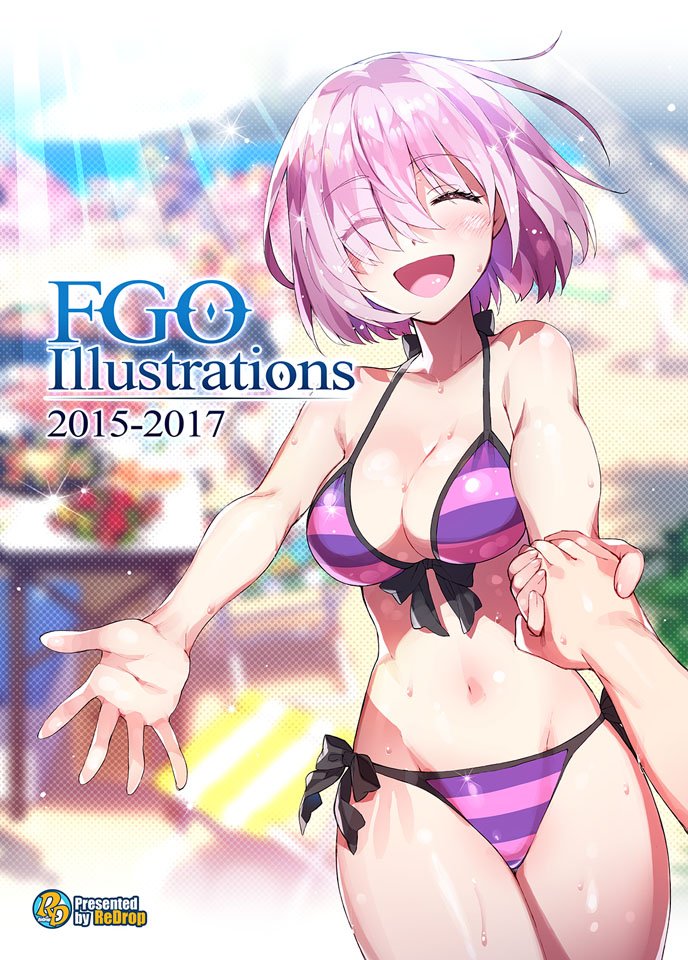 1girl bikini blush breasts cleavage closed_eyes cover cover_page doujin_cover dragging facing_viewer fate/grand_order fate_(series) front-tie_top hair_over_one_eye happy medium_breasts multicolored multicolored_bikini multicolored_clothes navel open_mouth pov purple_hair redrop shielder_(fate/grand_order) short_hair side-tie_bikini solo striped striped_bikini swimsuit