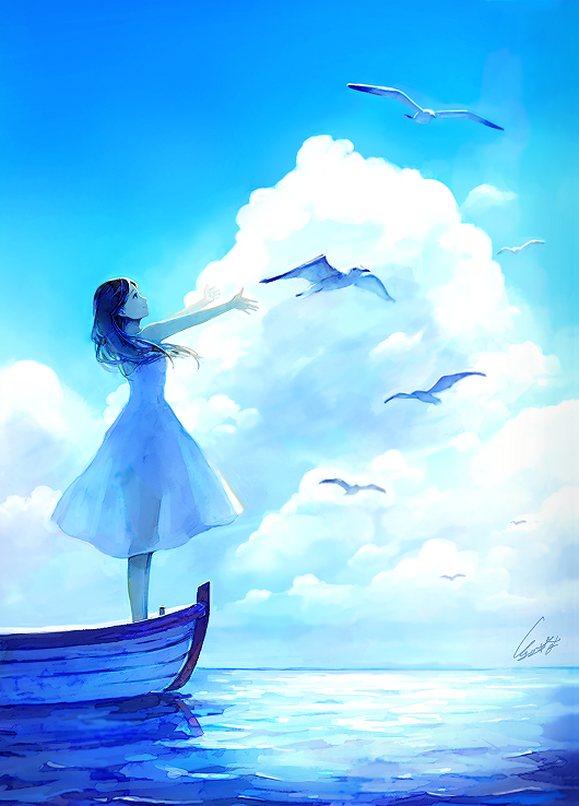 1girl akagi_shun arms_up bird black_eyes black_hair boat clouds day dress from_side long_hair looking_away looking_up medium_hair original outdoors seagull see-through signature sky smile solo standing translucent_dress water watercraft waves white_dress