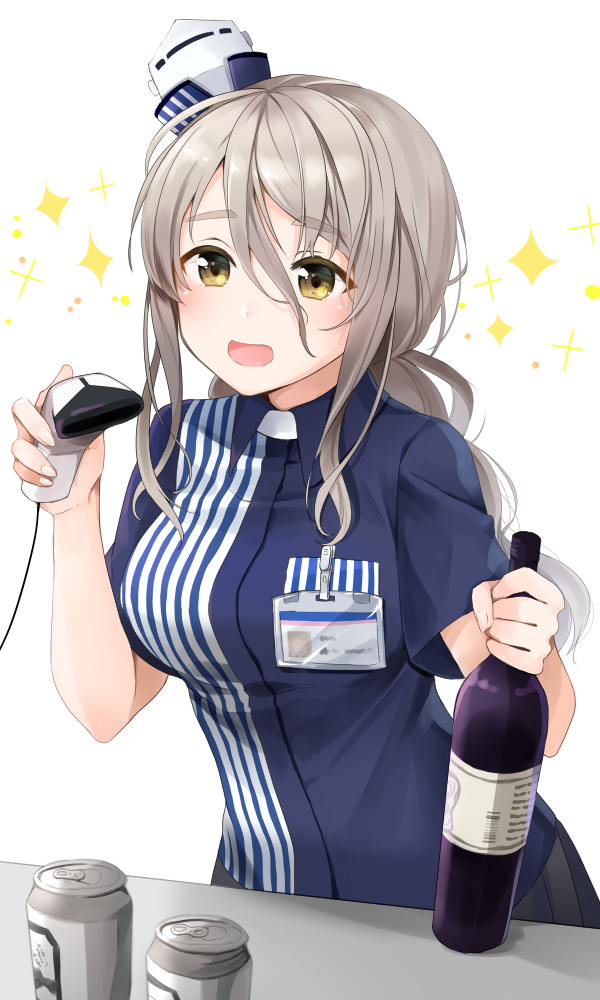 10s 1girl :d beer_can bottle brown_eyes brown_hair can employee_uniform hat holding holding_bottle kantai_collection lawson long_hair mini_hat open_mouth pola_(kantai_collection) short_sleeves smile solo uniform white_hat wine_bottle yuna_(yukiyuna)