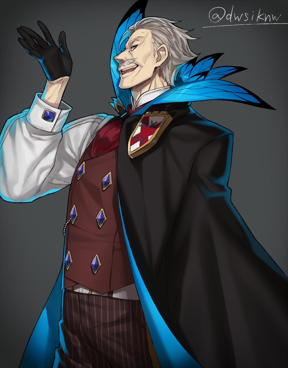 1boy ascot black_gloves cloak facial_hair fate/grand_order fate_(series) feathers gloves highres james_moriarty_(fate/grand_order) male_focus mustache nagiko_(mangalove1111) pants pinstripe_pattern striped twitter_username vertical-striped_pants vertical_stripes vest waistcoat white_hair