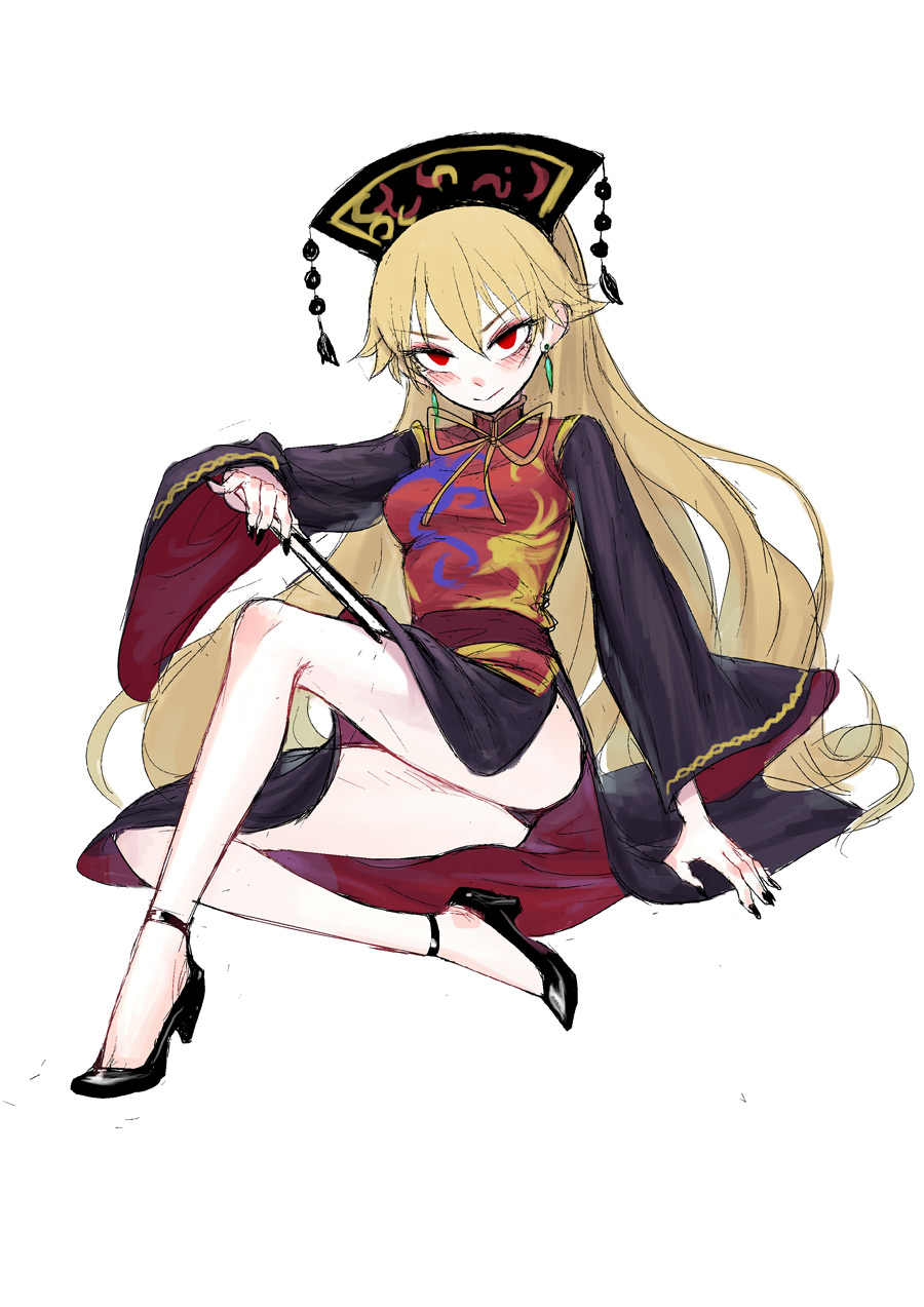 1girl bare_legs black_dress black_nails black_shoes blonde_hair blush chinese_clothes dress earrings fan fkey folding_fan full_body hat highres jewelry junko_(touhou) long_hair long_sleeves looking_at_viewer nail_polish red_eyes ribbon shoes simple_background sitting solo tabard tassel touhou very_long_hair white_background wide_sleeves yellow_ribbon