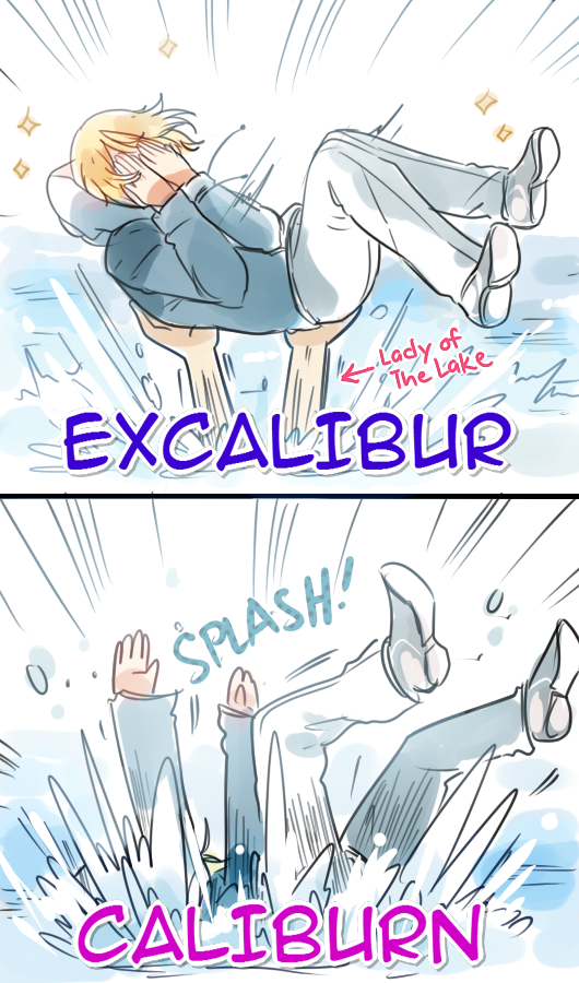 1girl 2boys 2koma blonde_hair caliburn carrying character_name comic covering_face directional_arrow english excalibur hands_on_own_face hood hoodie in_water lady_of_the_lake lake male_focus multiple_boys original pants rosel-d short_hair sparkle splashing touken_ranbu white_pants