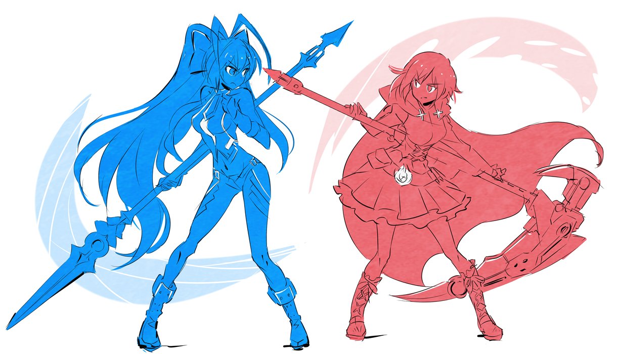 2girls blazblue blazblue:_central_fiction blazblue:_cross_tag_battle blazblue_variable_heart color_connection commentary_request crescent_rose hayami_saori mai_natsume multiple_girls polearm ruby_rose rwby scythe seiyuu_connection spear weapon