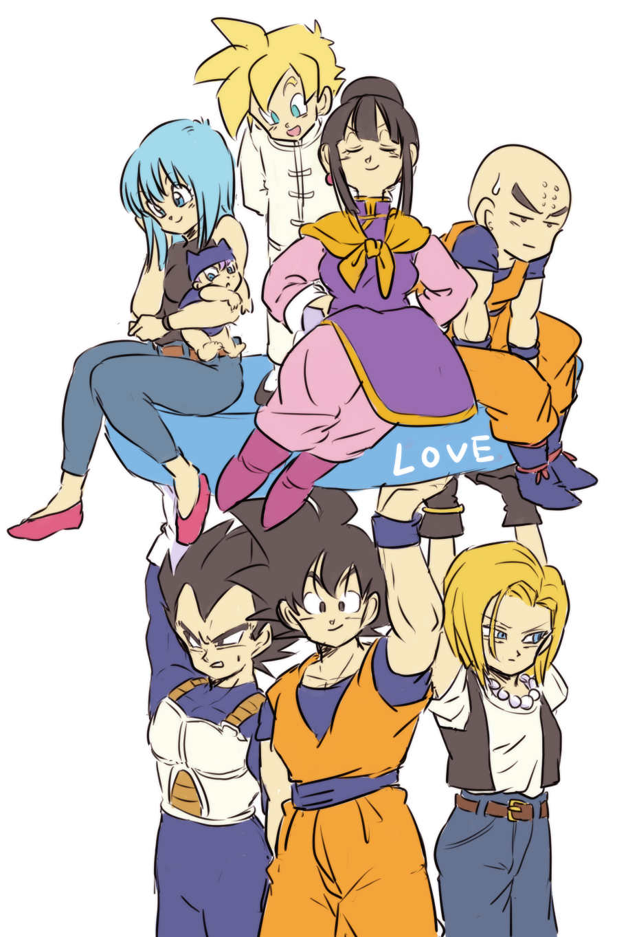 3girls 5boys android_18 annoyed aqua_eyes armor arms_behind_back baby bald belt black_eyes black_hair black_shirt black_shoes blonde_hair blue_eyes blue_hair boots bulma chi-chi_(dragon_ball) child chinese_clothes closed_eyes couple dougi dragon_ball dragonball_z earrings eyebrows_visible_through_hair father_and_son frown gloves hand_on_own_face hands_on_hips happy highres jewelry kuririn looking_at_another looking_at_viewer looking_away looking_down mother_and_son multiple_boys multiple_girls necklace open_mouth outstretched_arms outstretched_hand pants pearl_necklace serious shirt shoes short_hair simple_background sitting smile son_gohan son_gokuu spiky_hair standing super_saiyan sweatdrop text tied_hair tkgsize trunks_(dragon_ball) vegeta waistcoat white_background white_shirt wristband