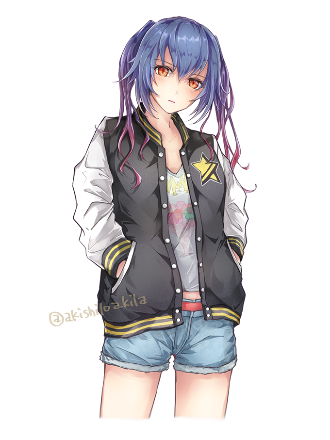 1girl akira_(aky-la) artist_name blue_hair casual cowboy_shot denim denim_shorts gradient_hair hands_in_pockets jacket letterman_jacket long_hair looking_at_viewer multicolored_hair phantasy_star phantasy_star_online_2 quna_(pso2) red_eyes shorts simple_background solo twintails twitter_username white_background
