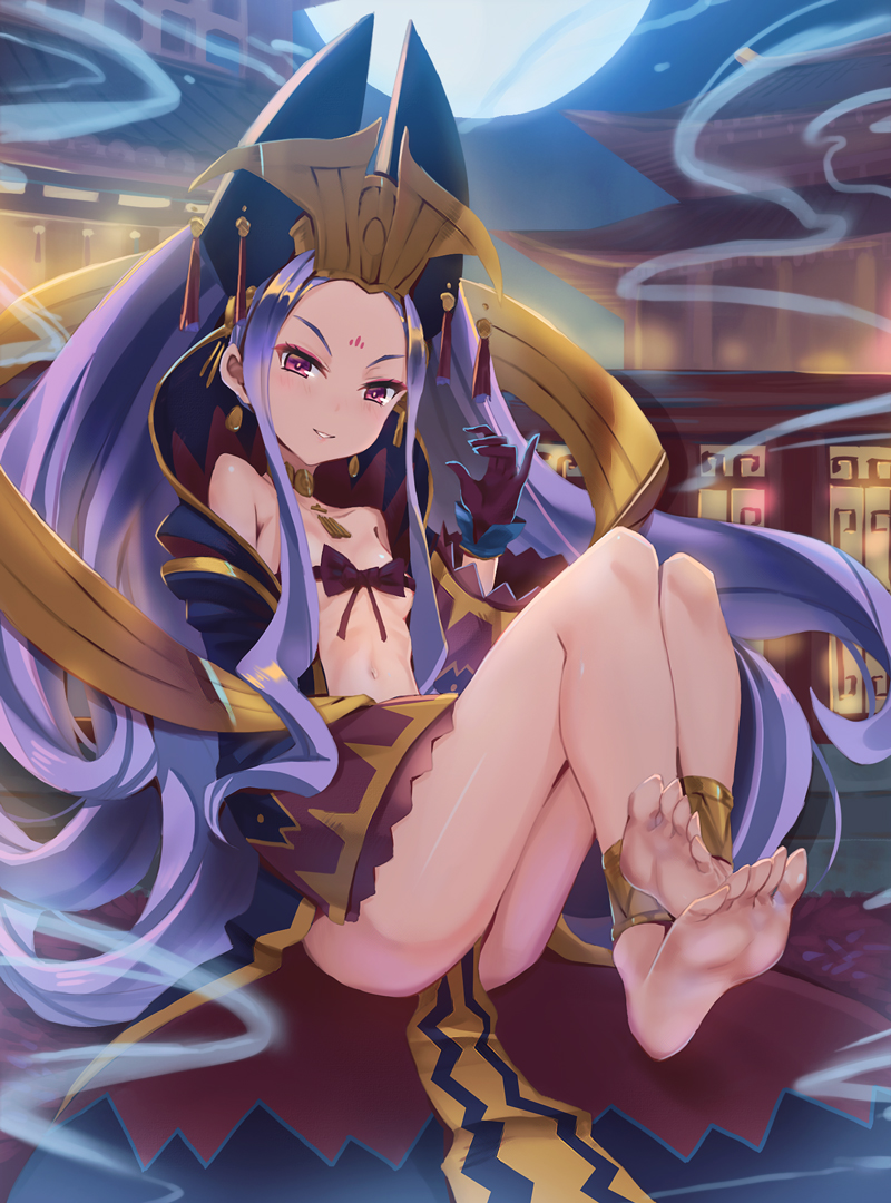 1girl ass bare_shoulders barefoot breasts chiwa_(tsugumisky) crown earrings fate/grand_order fate_(series) feet full_moon gloves jewelry long_hair looking_at_viewer moon navel purple_gloves purple_hair sitting smile soles solo toes very_long_hair violet_eyes wu_zetian_(fate/grand_order)