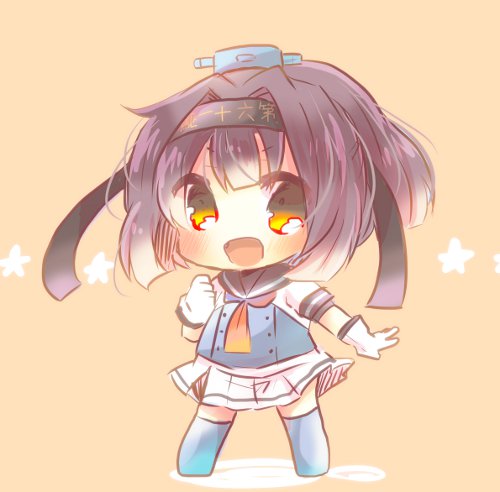 10s 1girl akizuki_(kantai_collection) black_hair brown_eyes chibi clothes_writing corset full_body gloves hachimaki hair_intakes headband kantai_collection kouu_hiyoyo looking_at_viewer lowres neckerchief open_mouth pleated_skirt ponytail sailor_collar school_uniform serafuku short_hair skirt solo standing white_gloves white_skirt yellow_neckerchief