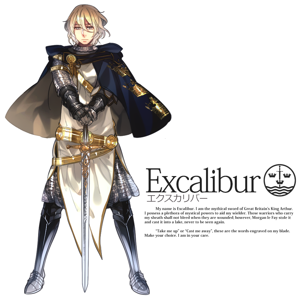 1boy armor armored_boots blonde_hair boots capelet character_name crest english excalibur full_body gauntlets grey_eyes male_focus original personification rosel-d serious short_hair sigil simple_background solo sword touken_ranbu weapon white_background