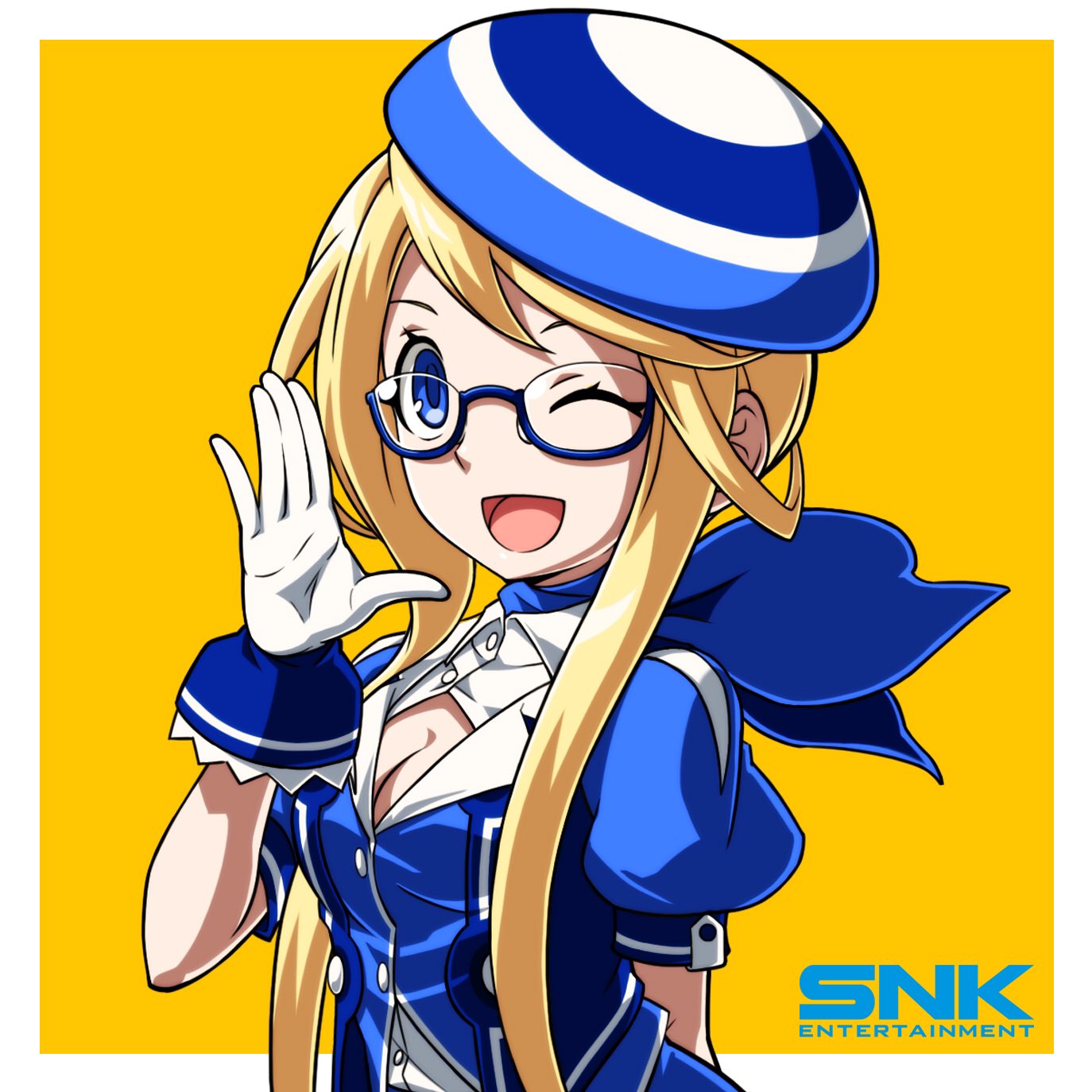 1girl ;) ascot beret blonde_hair blue-framed_eyewear blue_ascot blue_eyes breasts cleavage enta_girl falcoon glasses gloves hat highres logo mascot official_art one_eye_closed semi-rimless_glasses simple_background small_breasts smile snk solo white_gloves wrist_cuffs yellow_background