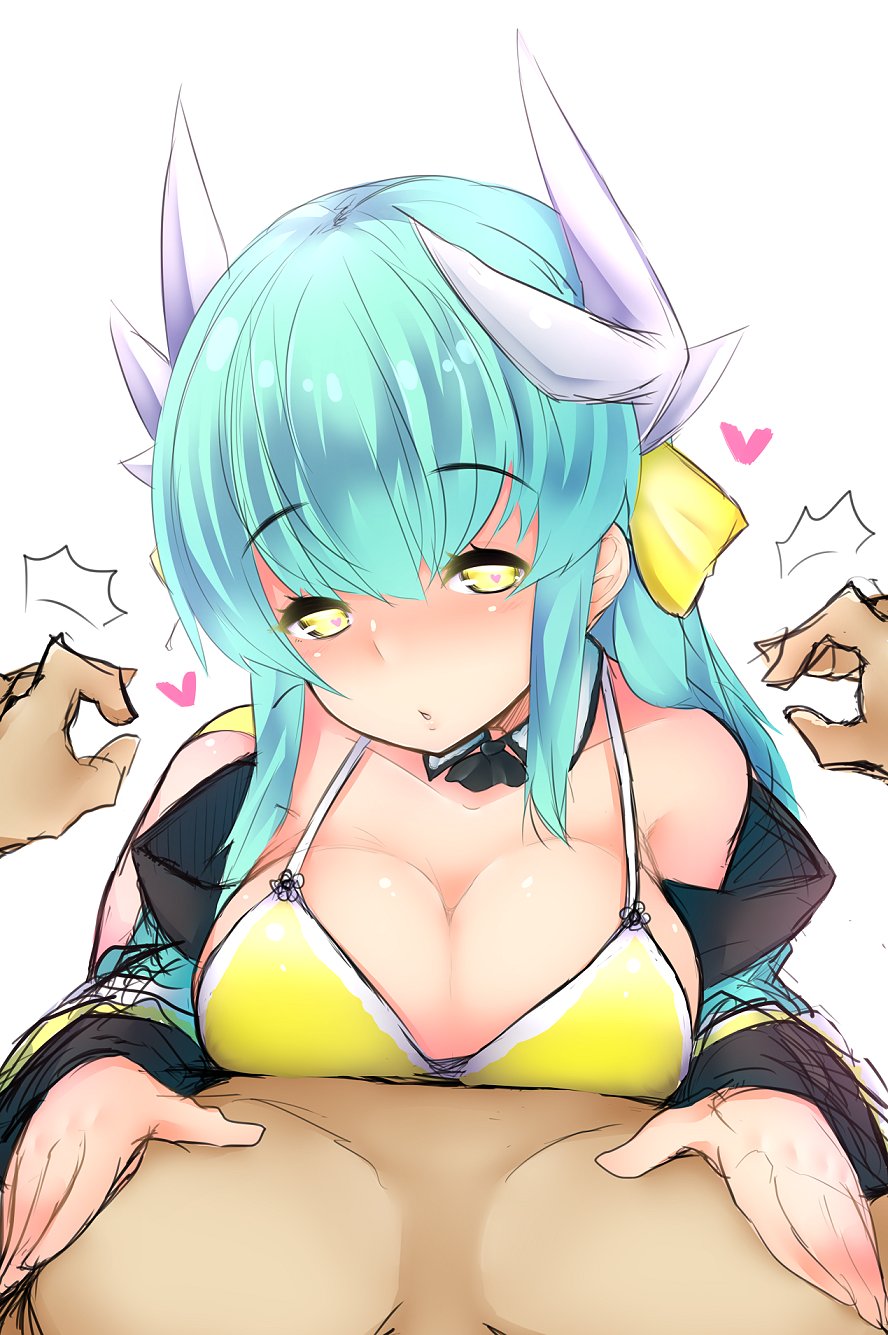 /\/\/\ 1girl bangs bikini blue_hair breasts cleavage commentary_request detached_collar eyebrows_visible_through_hair fate/grand_order fate_(series) heart highres horns kiyohime_(fate/grand_order) kiyohime_(swimsuit_lancer)_(fate) large_breasts long_hair long_sleeves looking_at_viewer parted_lips sidelocks simple_background solo_focus swimsuit watari1118 white_background yellow_bikini yellow_eyes