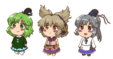 3girls boots earmuffs eyebrows_visible_through_hair full_body ghost ghost_tail gyate_gyate hat lowres mononobe_no_futo multiple_girls open_mouth pixel_art skirt smile soga_no_tojiko standing takorin touhou toyosatomimi_no_miko transparent_background