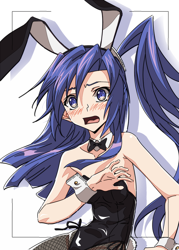 1girl animal_ears bare_shoulders blue_eyes blue_hair blush bow bowtie bunny_girl bunnysuit detached_collar fake_animal_ears fishnet_pantyhose fishnets kazanari_tsubasa mototenn open_mouth pantyhose rabbit_ears senki_zesshou_symphogear side_ponytail solo violet_eyes wrist_cuffs