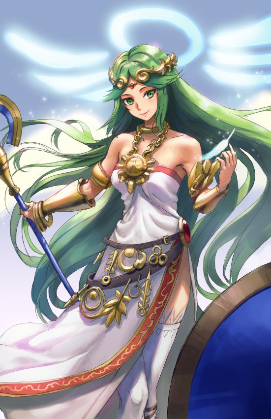 1girl athenawyrm bare_shoulders breasts green_eyes green_hair jewelry kid_icarus kid_icarus_uprising large_breasts long_hair necklace palutena smile solo super_smash_bros. thigh-highs tiara very_long_hair