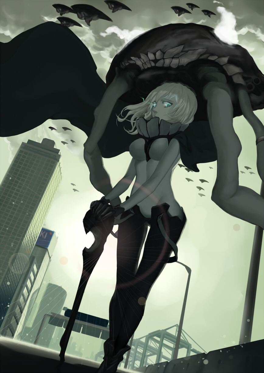 10s bodysuit cane cape city clouds cloudy_sky commentary_request enemy_aircraft_(kantai_collection) full_body glowing glowing_eyes haiashi headgear highres kantai_collection outdoors pale_skin shinkaisei-kan sky standing tentacle white_hair wo-class_aircraft_carrier