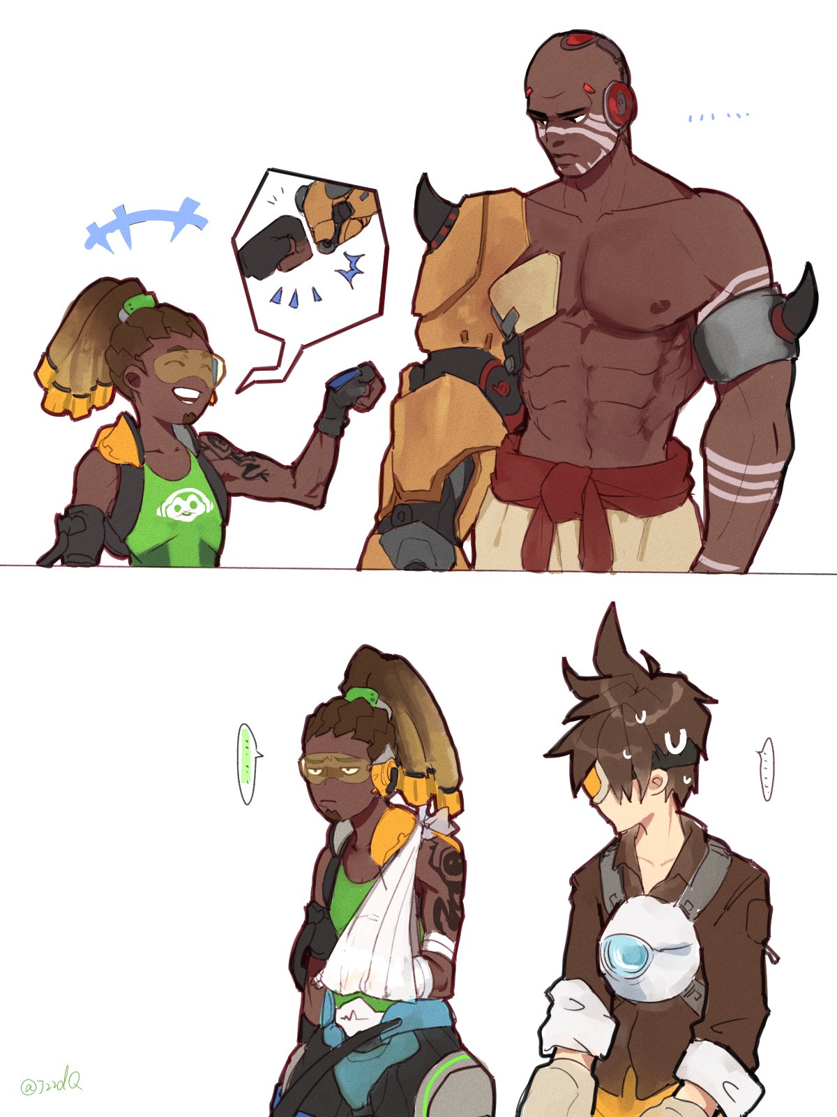 ... 1girl 2boys 2koma abs areolae armor bald bare_shoulders bomber_jacket brown_hair brown_jacket clenched_hand comic dark_skin dark_skinned_male doomfist_(overwatch) facial_hair fist_bump goatee goggles hairlocs harness headphones headphones_around_neck high_ponytail highres jacket leather looking_at_another lucio_(overwatch) multiple_boys muscle overwatch shirtless simple_background spiky_hair spoken_ellipsis sweatdrop tank_top tattoo tracer_(overwatch) twitter_username visor white_background