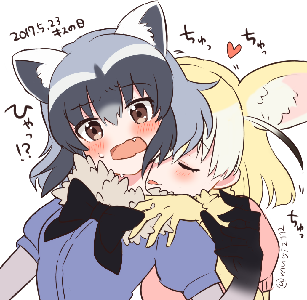 2girls animal_ears black_bow black_bowtie black_gloves black_hair blonde_hair blush bow bowtie brown_eyes closed_eyes commentary_request common_raccoon_(kemono_friends) dated eyebrows_visible_through_hair fang fennec_(kemono_friends) fox_ears fur_collar gloves grey_hair hair_between_eyes hand_on_another's_shoulder heart kemono_friends kiss_day licking looking_at_viewer mugi_(iccomae) multicolored_hair multiple_girls neck_licking puffy_short_sleeves puffy_sleeves raccoon_ears short_hair short_sleeves simple_background surprised tongue tongue_out translated twitter_username upper_body wavy_mouth white_background yellow_gloves yuri