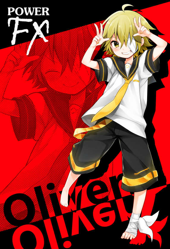 1boy ahoge bandage bandage_over_one_eye barefoot bass_clef blonde_hair character_name closed_eyes company_name cosplay full_body grin hair_over_one_eye halftone kagamine_len kagamine_len_(cosplay) leg_warmers mizuhoshi_taichi necktie oliver_(vocaloid) sailor_collar shorts silhouette smile smirk solo vocaloid zoom_layer