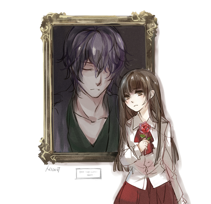 1boy 1girl artist_request ascot bangs brown_eyes brown_hair closed_eyes collarbone commentary_request eyebrows_visible_through_hair flower garry_(ib) holding holding_flower ib ib_(ib) long_hair long_sleeves painting_(object) portrait_(object) purple_hair red_rose red_skirt rose shirt signature simple_background skirt white_background white_shirt