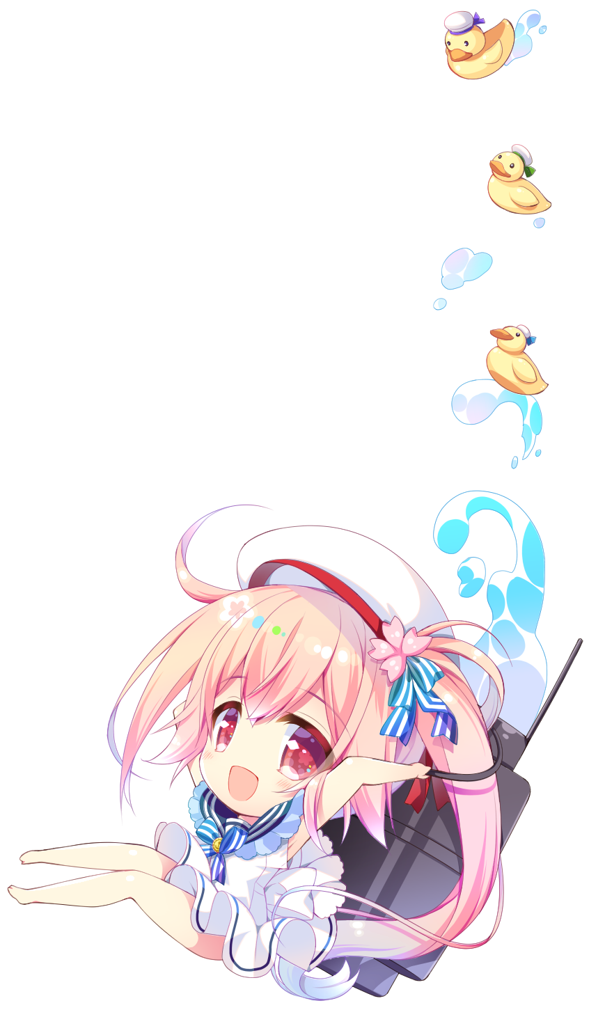 10s 1girl :d anchor_symbol bare_legs beret chibi dress flower flower-shaped_pupils hair_flower hair_ornament hana_(apple_water) harusame_(kantai_collection) hat highres kantai_collection long_hair looking_at_viewer open_mouth pink_hair red_eyes rubber_duck sailor_collar side_ponytail smile solo transparent_background water white_dress