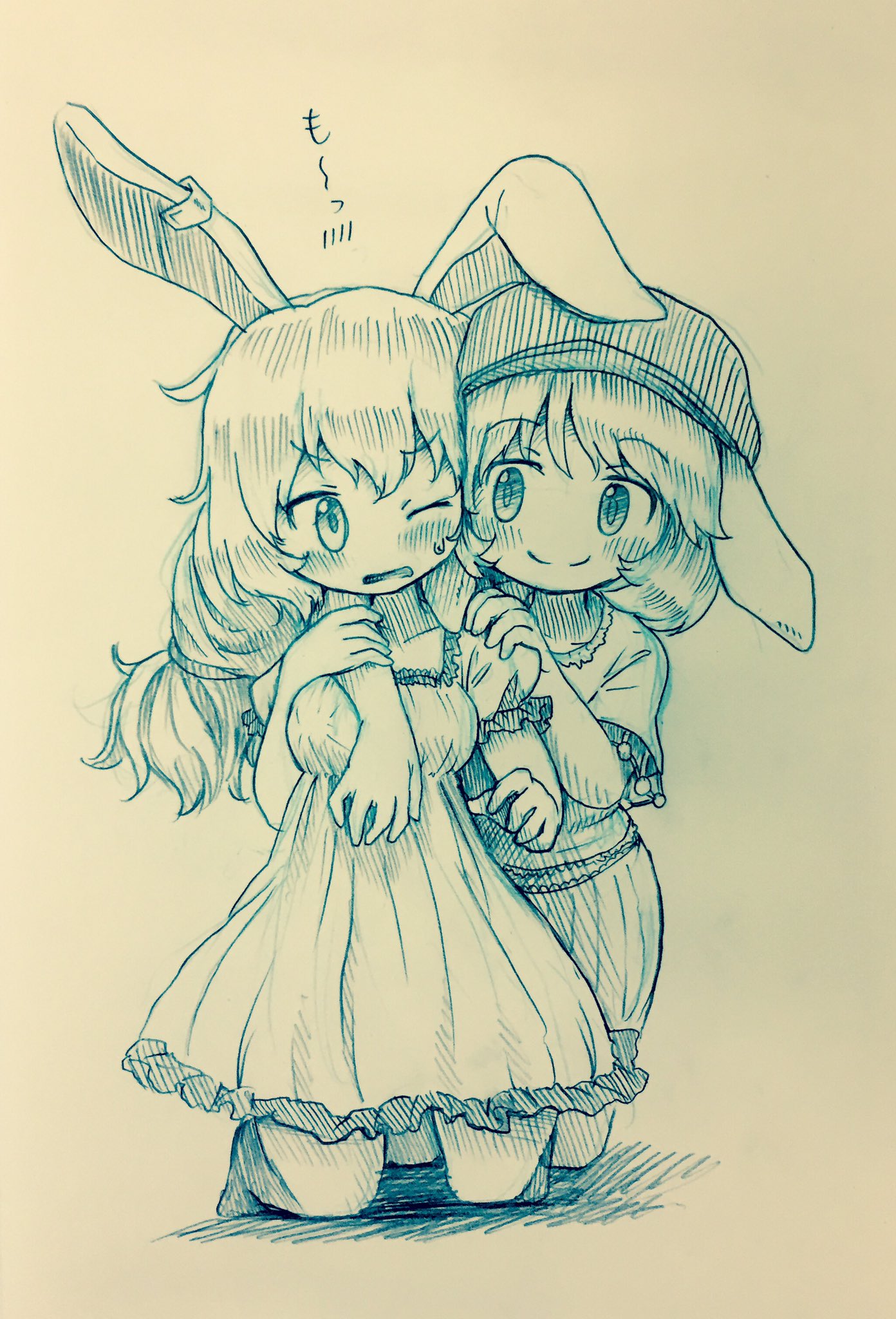 2girls animal_ears arinu bangs blush breasts commentary_request dress ear_clip floppy_ears hat highres kneeling long_hair looking_at_another medium_breasts monochrome multiple_girls one_eye_closed puffy_short_sleeves puffy_sleeves rabbit_ears ringo_(touhou) seiran_(touhou) shirt short_sleeves shorts smile touhou
