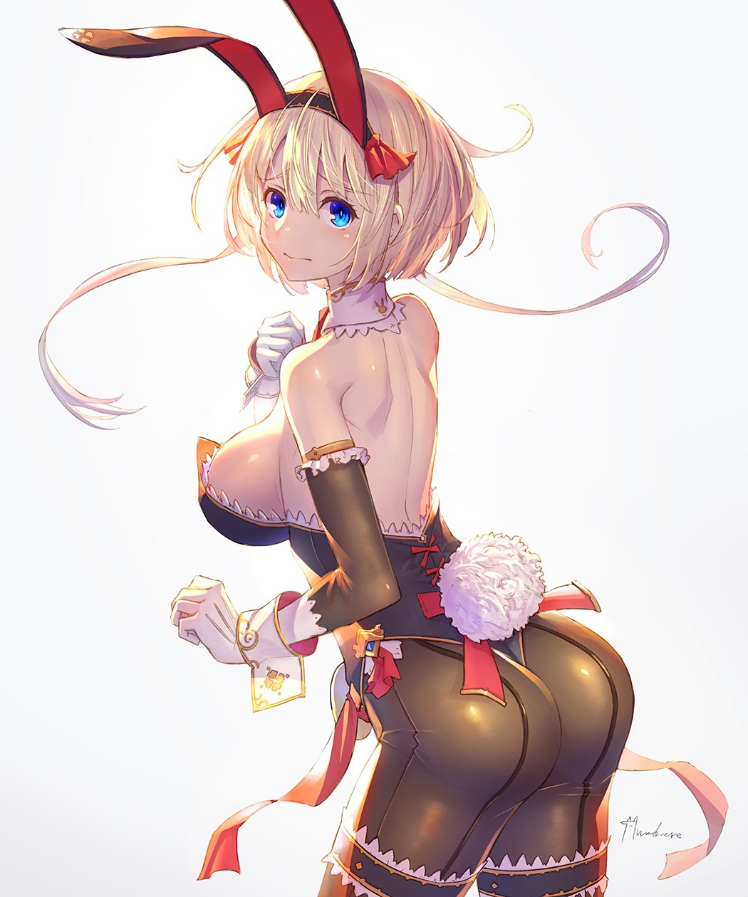 1girl animal_ears ass back bangs bare_shoulders blonde_hair blue_eyes blush breasts bunny_tail bunnysuit closed_mouth cowboy_shot detached_collar elbow_gloves eyebrows_visible_through_hair fake_animal_ears from_side gloves grey_background hair_between_eyes highres large_breasts looking_at_viewer nadare-san_(nadare3nwm) original rabbit_ears short_hair_with_long_locks sideboob signature solo tail wrist_cuffs