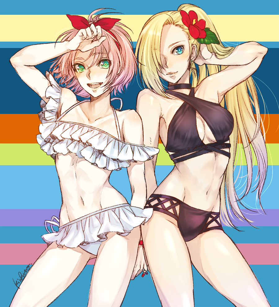 2girls adjusting_hair bikini blonde_hair blue_eyes bow breasts cleavage earrings flower frilled_bikini frills green_eyes hair_bow hair_flower hair_ornament hair_over_one_eye haruno_sakura jewelry ksn_(sleeping_chick) looking_at_viewer multiple_girls naruto navel open_mouth parted_lips pink_hair ponytail smile stomach stud_earrings swimsuit yamanaka_ino